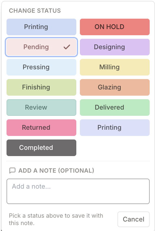 The Case Flow ID status picker, with colour-coded statuses and an optional note field